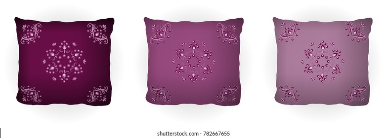 Set of throw pillow isolated for home interior design. Colorful lilac pillows decorated with floral pattern, classic vintage style. Vector illustration