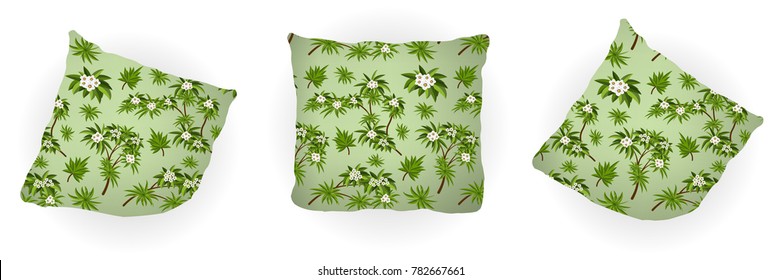 Set of throw pillows isolated for home interior design. Decorated with tropical pattern, country style. Vector illustration.