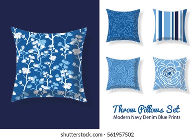 Set Of Throw Pillows In Matching Modern Denim Blue and Navy Patterns. Square Shape. Editable Vector Template.