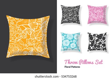 Set Of Throw Pillows In Matching Unique Floral Seamless Patterns. Square Shape. Editable Vector Template.