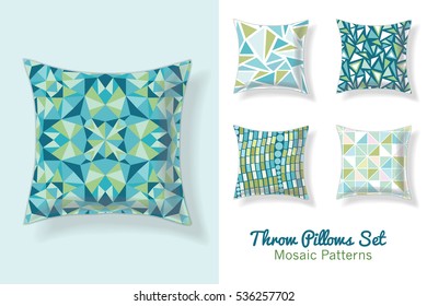 Set Of Throw Pillows In Matching Unique Abstract Geometric Seamless Patterns. Square Shape. Editable Vector Template.