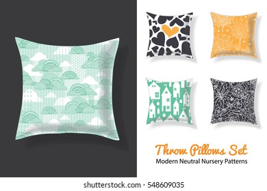 Set Of Throw Pillows With Matching Unique Neutral Nursery Repeat Patterns Prints Featuring Hearts, Houses, Stars, Trees . Square Shape. Editable Vector Template.