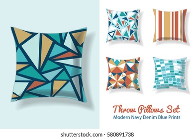 Set Of Throw Pillows In Matching Unique Vintage Abstract Geometric Triangles Seamless Patterns. Square Shape. Editable Vector Template.