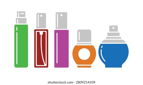 A set of throwaway perfume bottles. A range of different perfume bottles. Simple vector flat icons displayed on a white background.