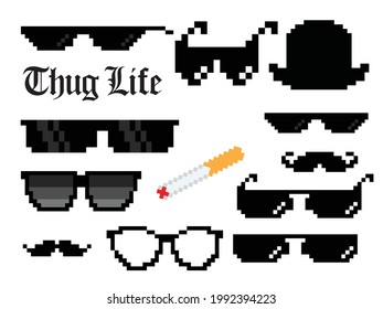 Set of thuglife glasses with black hat and mustache on white background. Vector Illustrations