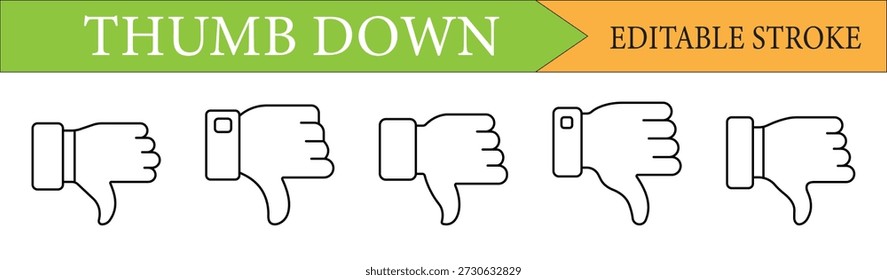 Conjunto de iconos de la mano del pulgar hacia abajo disgusta. Ideal para el Comentarios de redes sociales, reseñas y diseño de interfaz de usuario. Arte lineal minimalista con trazo editable.
