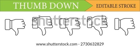 Set of thumb down dislike hand icons. Ideal for social media feedback, reviews, and UI design. Minimalist line art with editable stroke.
