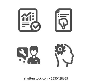 Set of Thumb down, Repairman and Checked calculation icons. Engineering sign. Decline file, Repair service, Statistical data. Cogwheel head.  Classic design thumb down icon. Flat design. Vector