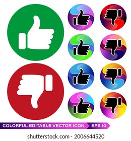 Set of Thumb up and thumb down sign icons. With green, red, and colorful gradient colors. Likes and dislikes of icons set