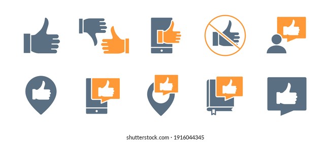 Set of thumb up feedback colored icons. Like and dislike, charity, favorite, quality control, customer review and more.