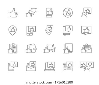 Juego de iconos de línea de comentarios. Como y disgusto, caridad, favorita, control de calidad, revisión del cliente y más.