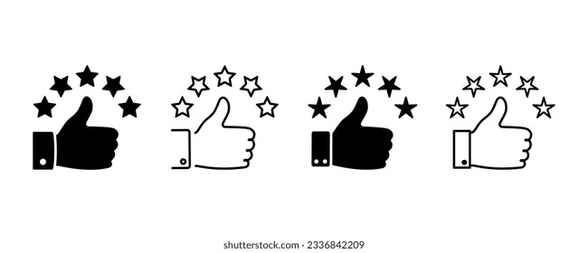 Set of thumb up and five stars vector icons. Customer feedback. Best rating or satisfaction. High service.