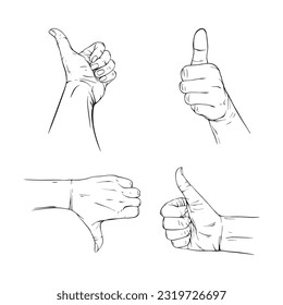 Set thumb hand collection drawn gesture sketch vector illustration line art