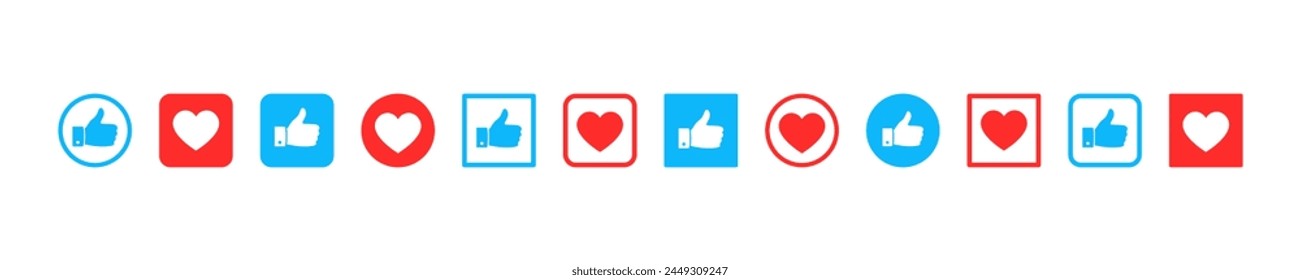 Conjunto de iconos de pulgar hacia arriba y corazón vector. Conjunto con iconos de amor azul y rojo. Símbolo bien o bien.