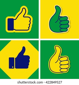 Set of  thumb up icons, using Brazil flag colors, vector illustration.
Collection of Brazil like icons using Brazil flag colors 2016.
