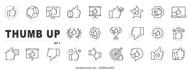 Set of thumb up related line icons. Like, accept, positive, rate etc. Editable stroke. Set 2