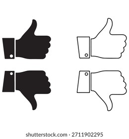 Set of thumbs up and down icons in black and outline style, isolated on white background.