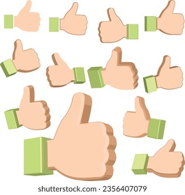 A set of thumbs-up icons isolated on a white background, symbolizing positive feedback, well-done achievements, and encouragement.