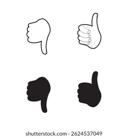 Set of thumbs-up and thumbs-down hand gestures in outline and solid styles, symbolizing approval and disapproval in a minimalist, monochrome design.