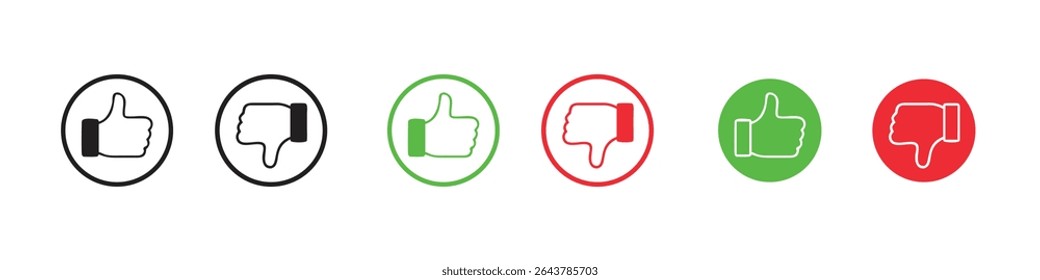 Set of thumbs-up and thumbs-down icons in black, gray, red, and green, symbolizing approval, disapproval, and feedback.