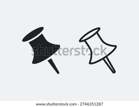 Set of Thumbtack icon collection. Location pin symbol. Thumb tack office supply. Pin button with flat head for attaching papers, memos and notes icons set. Stationery push pins, map markers linear