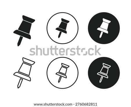Set of thumbtack icons and location pin symbols vector illustration. Office push pins, navigation markers, and notice board tacks, making it ideal for business organization, map apps, education