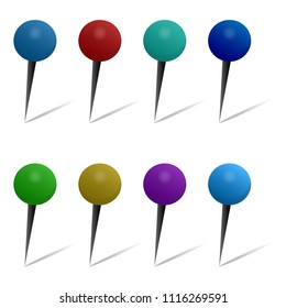 Set of Thumbtacks in Round Needle Design Isolated on White Background. Map Pointers for Web Design with Shadow. 3D Vector Illustration