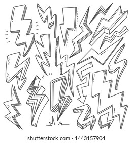 Set Of Thunder Bolt In Doodle Style Vector Illustration