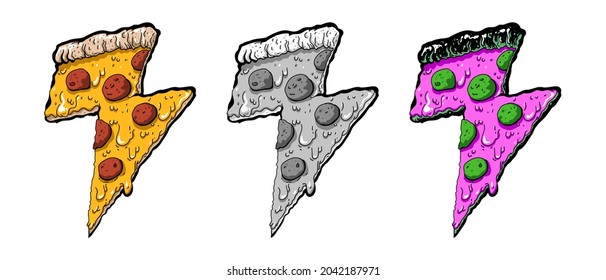 Set of Thunder cheesy pizza slice stickers vector illustration isolated on white background. EPS 10