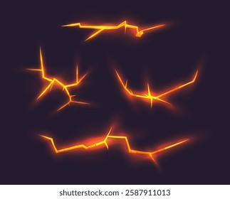 Set of thunder or ground cracks with lava in red and orange color