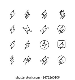 Set of thunder line icon design. Thunderbolt, electricity energy vector illustration. Black outline vector icons, isolated against the white background.