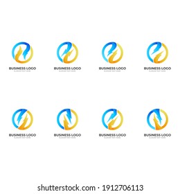 set thunder logo, thunder and circle, combination logo with 3d blue ad yellow color style