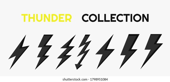 Juego de plantillas de iconos negros para el relámpago para electricidad y carga. Sencillo símbolo de iluminación. Vector Eps 10