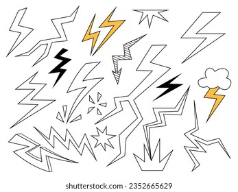 Set of thunderbolt element. Hand drawn doodle style collection of different electric lightning bolt