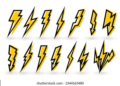Set Of Thunderbolt And High Voltage Black Yellow Icons For Design. Vector Illustration. Isolated On White Background.