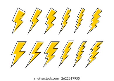 Ensemble d'icônes Thunderbolt. Signes de lumière flash isolés sur fond blanc. Symboles de charge d'électricité, d'énergie, de puissance ou de batterie. Pictogramme de danger, dangereux ou puissant. Illustration graphique d'Image vectorielle.