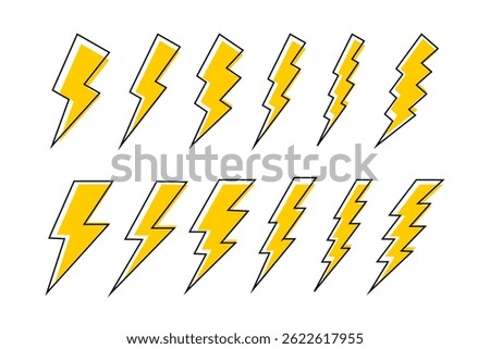 Set of thunderbolt icons. Flash light signs isolated on white background. Electricity, energy, power or battery charging symbols. Hazard, dangerous or powerful pictogram. Vector graphic illustration.