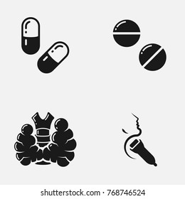 Set of thyroid gland anatomy, its diagnosis and treatment. Flat  vector icons.