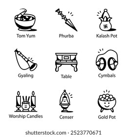 Set of Tibetan Elements Doodle Icons 

