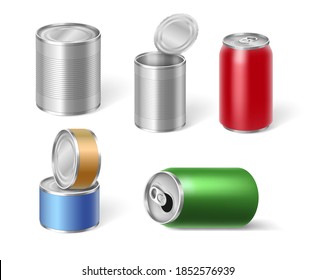 Set of tic cans for food and drinks storage, template 3d realistic metal packages colorful editable for branding and label on white background. Vector illustration