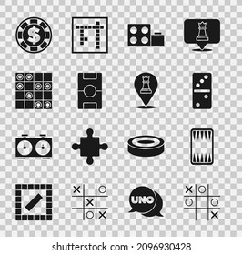 Set Tic tac toe game, Backgammon board, Domino, Toy building block bricks, Hockey table, Board of checkers, Casino chip with dollar and Chess icon. Vector