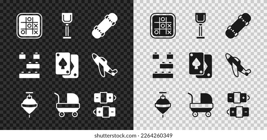 Set Tic tac toe game, Shovel toy, Skateboard, Whirligig, Baby stroller, Battery, Toy building block bricks and Playing cards icon. Vector