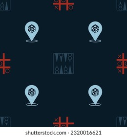 Set Tic tac toe game, Backgammon board and Game dice on seamless pattern. Vector