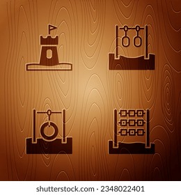 Set Tic tac toe game, Sand tower, Car tire hanging on rope and Gymnastic rings on wooden background. Vector
