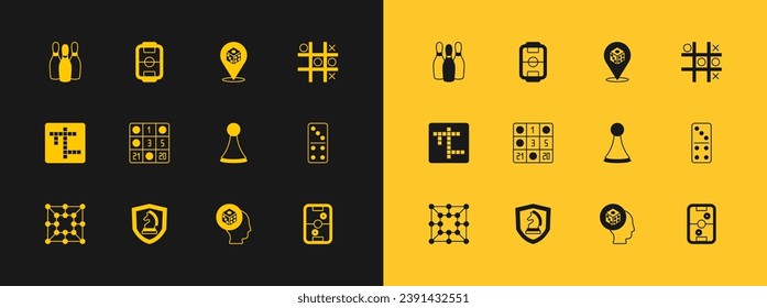 Set Tic tac toe game, Chess, Chip for board, Game dice, Bingo card, Bowling pin and Table football icon. Vector