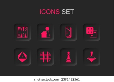 Set Tic tac toe game, Chip for board, Backgammon, Chess, Game dice, Whirligig toy, Domino and  icon. Vector