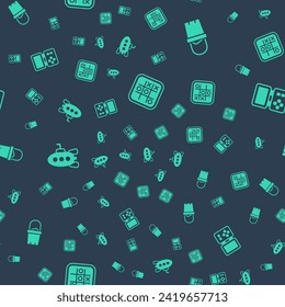 Set Tic tac toe game, Sand in bucket, Submarine toy and Tetris electronic on seamless pattern. Vector