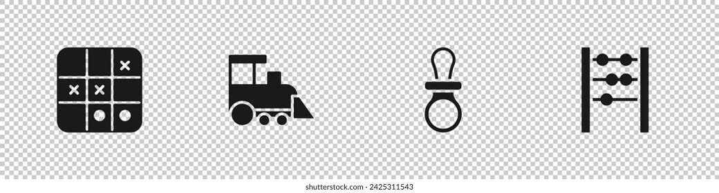 Set Tic tac toe game, Toy train, Baby dummy pacifier and Abacus icon. Vector