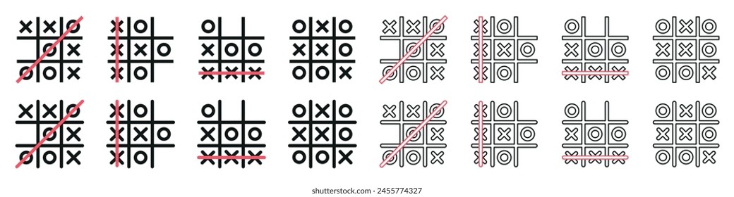 Set of tic tac toe game icons. Noughts and crosses, competition, classic game board, template tic tac toe. Vector. EPS10.
