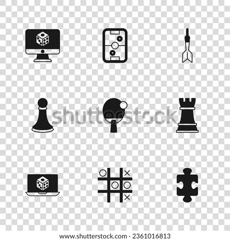 Set Tic tac toe game, Chess, Puzzle pieces toy, Racket, Dart arrow, Game dice, Air hockey table and pawn icon. Vector